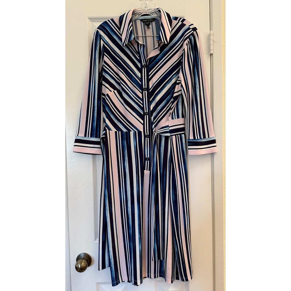 Maggy London Womens Navy Pink Striped Button Front Tie Waist Shirt Dress Size 10